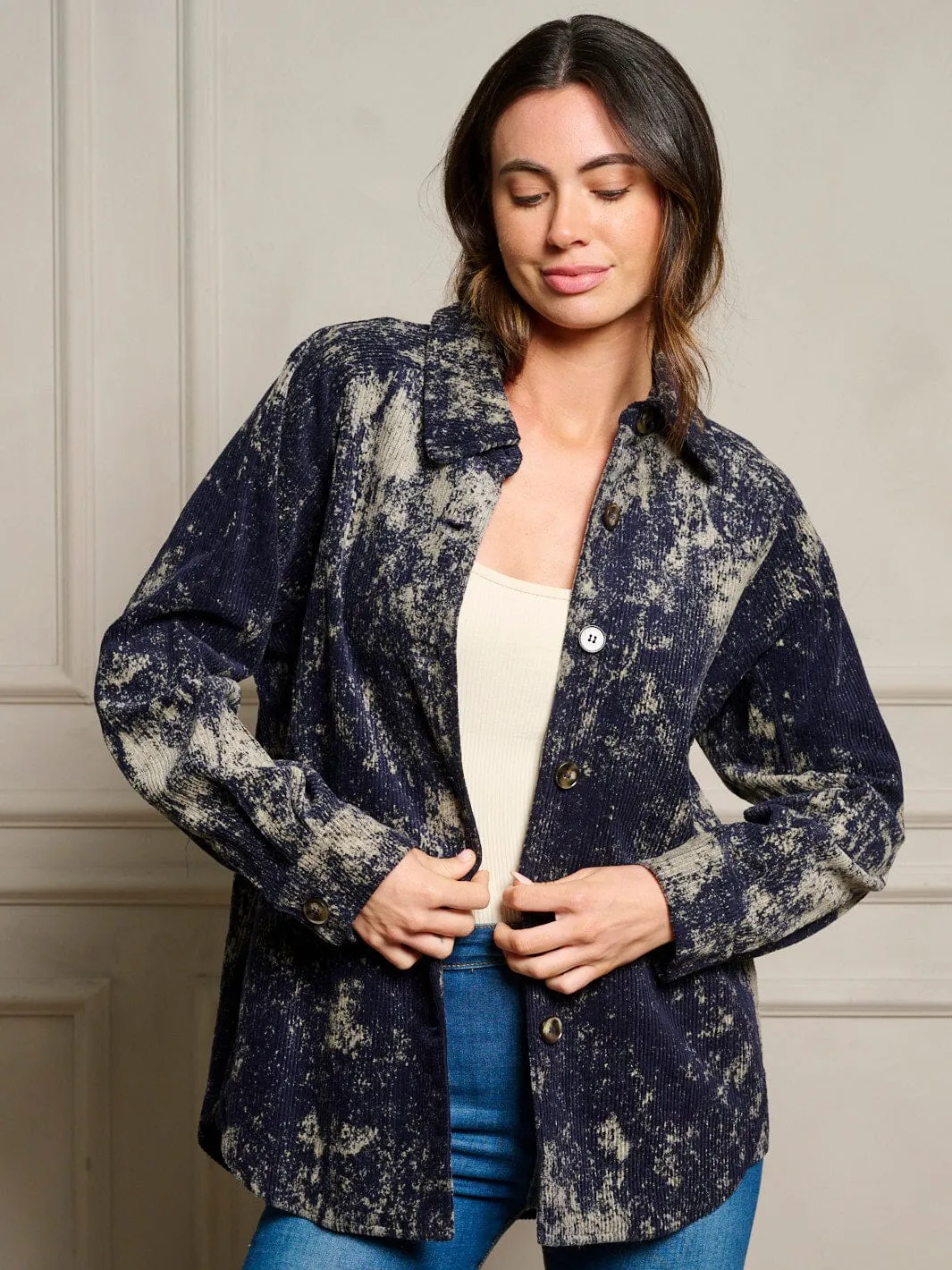 WOMEN'S LONG SLEEVE BUTTON CLOSURE POCKETS TIE DYE SHACKET