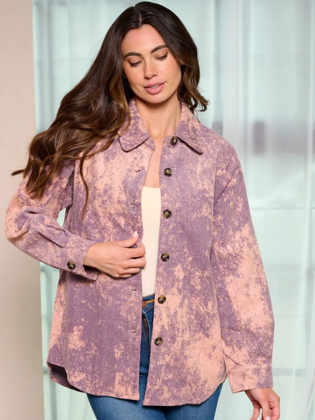 WOMEN'S LONG SLEEVE BUTTON CLOSURE POCKETS TIE DYE SHACKET