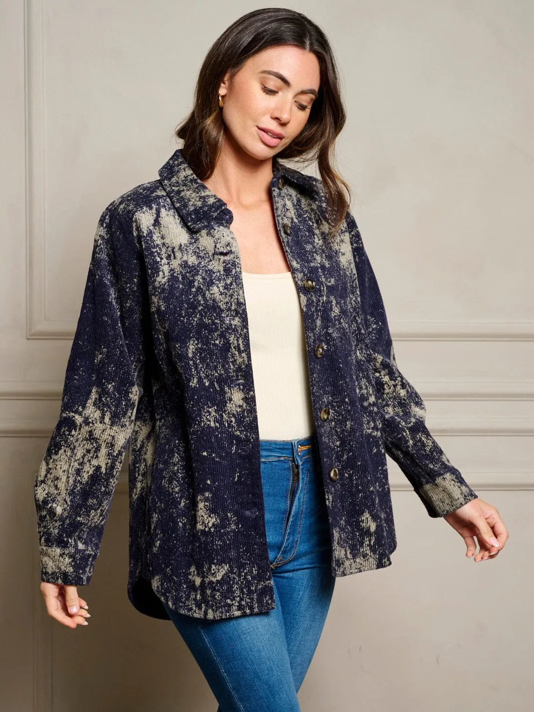 WOMEN'S LONG SLEEVE BUTTON CLOSURE POCKETS TIE DYE SHACKET