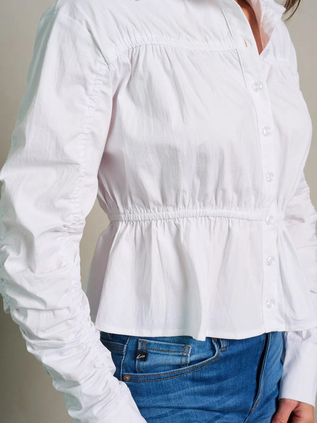 WOMEN'S LONG SLEEVE BUTTON CLOSURE RUCHED BLOUSE TOP