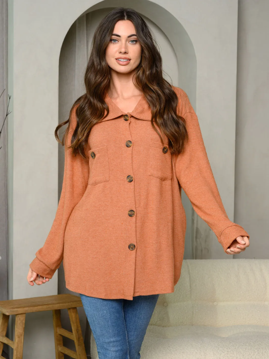 WOMEN'S LONG SLEEVE BUTTON UP COLLAR TOP