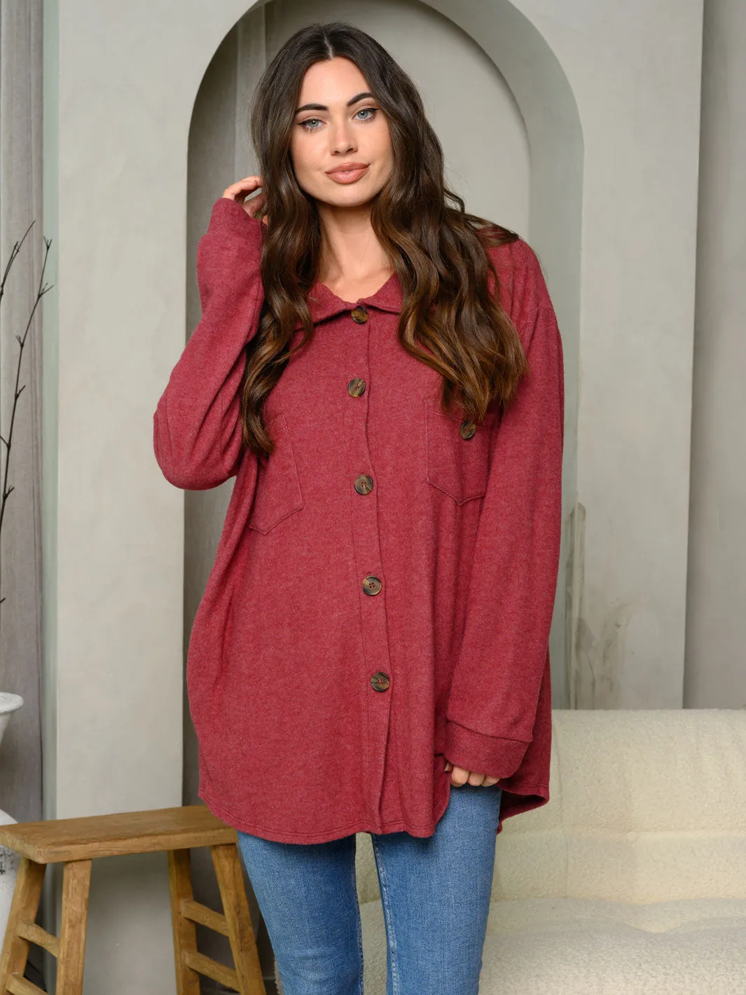 WOMEN'S LONG SLEEVE BUTTON UP COLLAR TOP