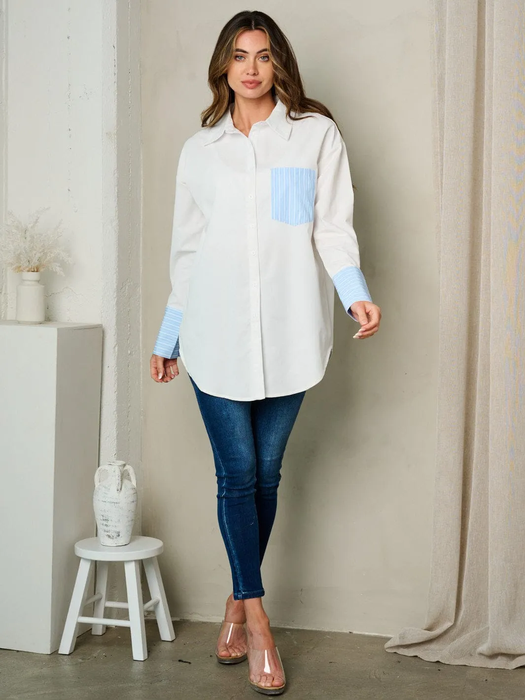 WOMEN'S LONG SLEEVE BUTTON UP COLORBLOCK SHIRT TOP