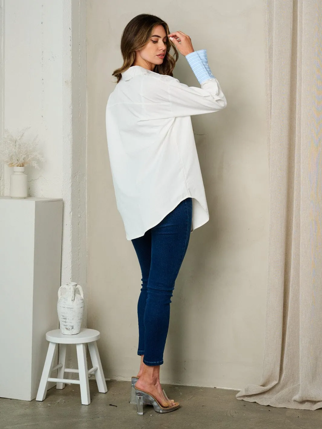 WOMEN'S LONG SLEEVE BUTTON UP COLORBLOCK SHIRT TOP