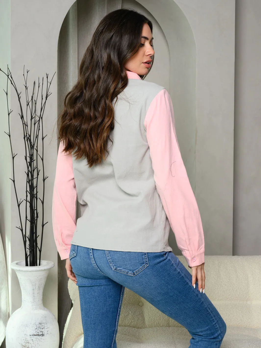 WOMEN'S LONG SLEEVE BUTTON UP COLORBLOCK TOP