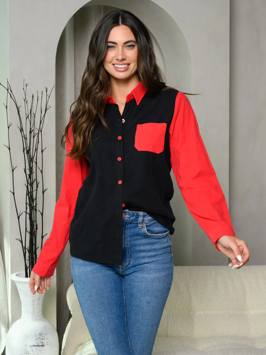 WOMEN'S LONG SLEEVE BUTTON UP COLORBLOCK TOP