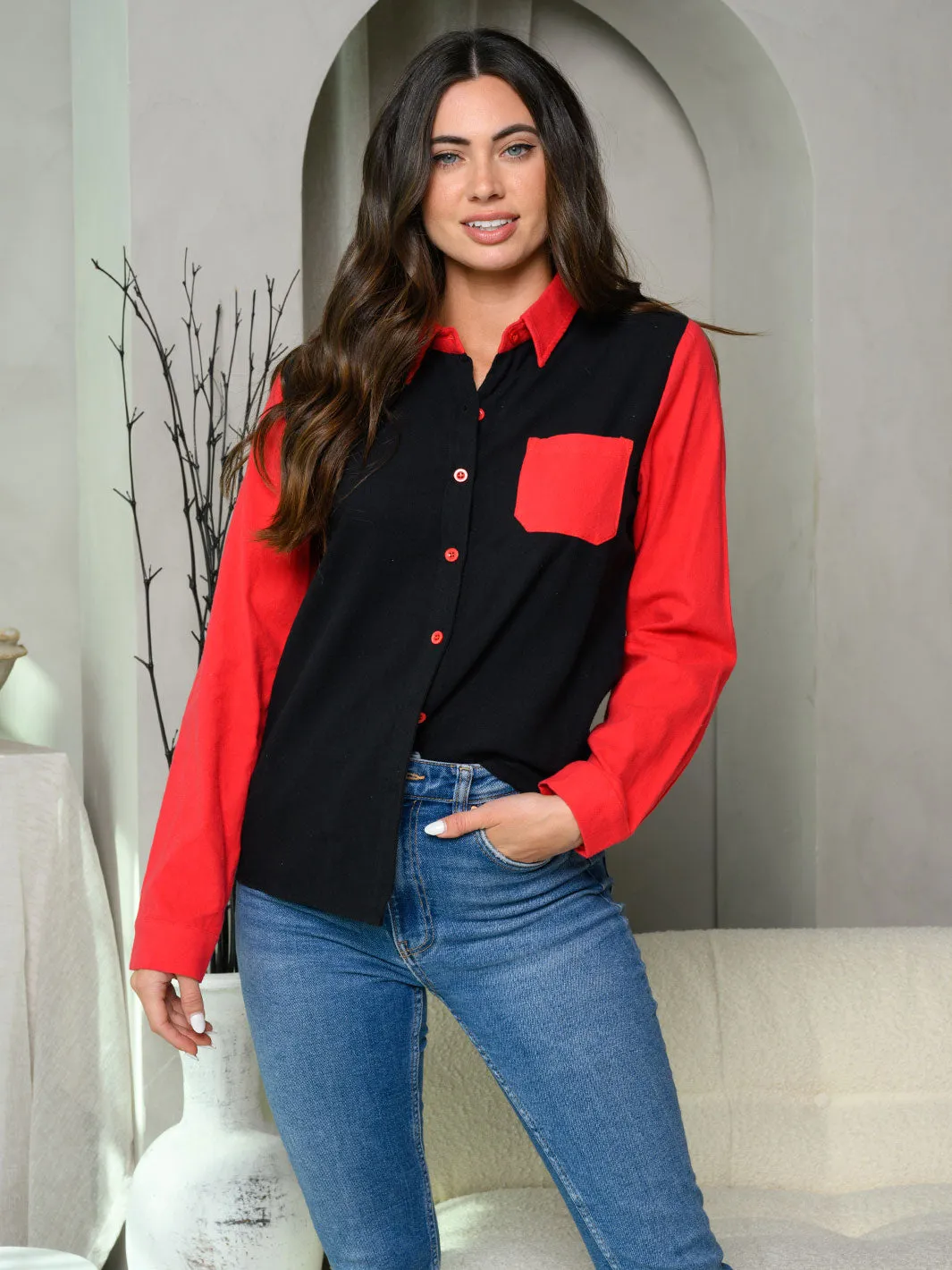 WOMEN'S LONG SLEEVE BUTTON UP COLORBLOCK TOP