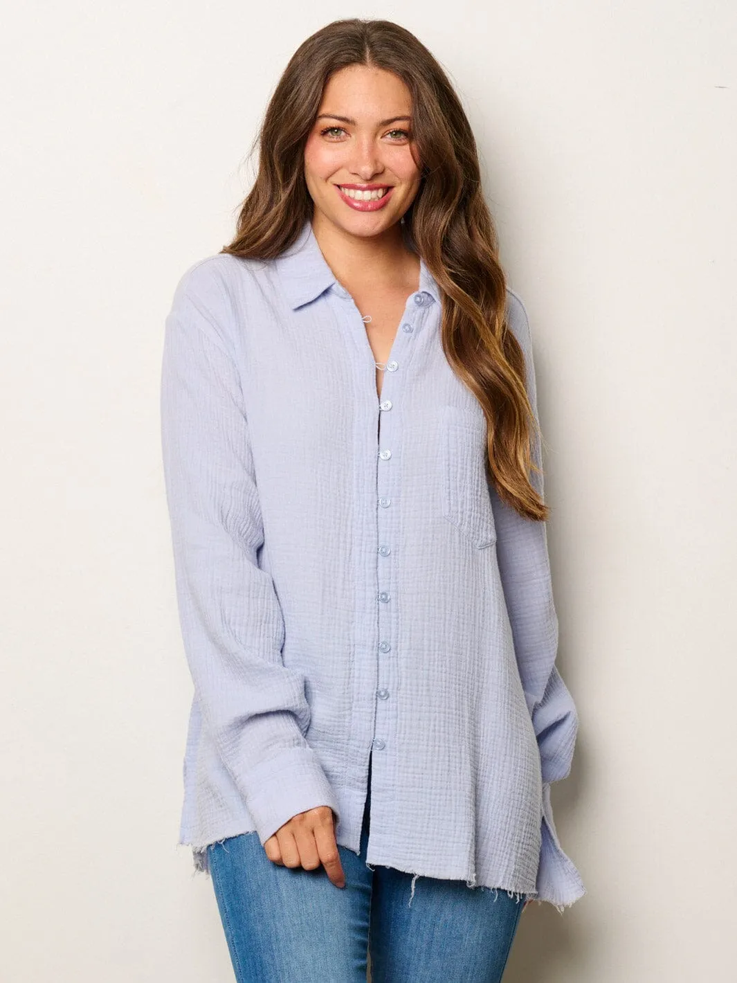 WOMEN'S LONG SLEEVE BUTTON UP FRONT POCKET BLOUSE TOP
