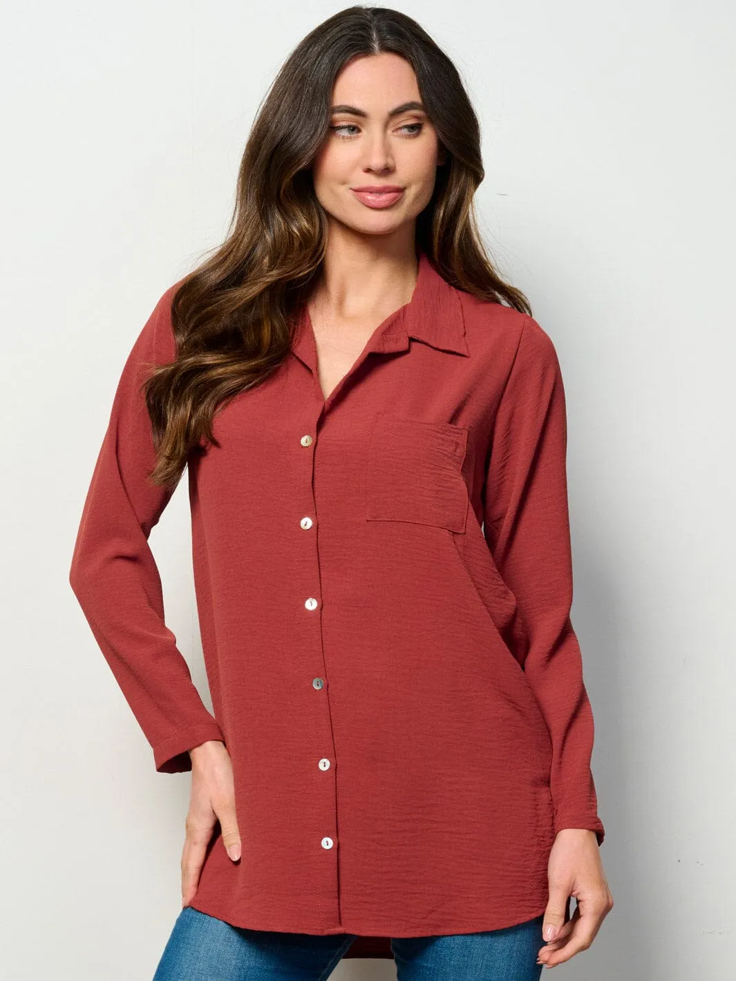 WOMEN'S LONG SLEEVE BUTTON UP FRONT POCKET BLOUSE TOP