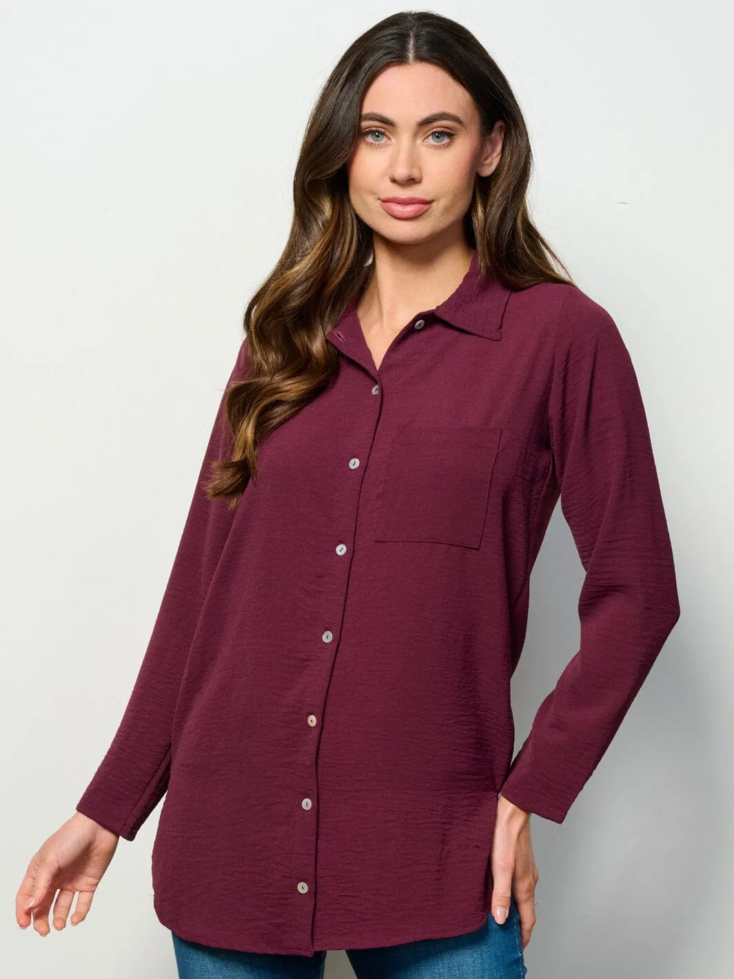 WOMEN'S LONG SLEEVE BUTTON UP FRONT POCKET BLOUSE TOP