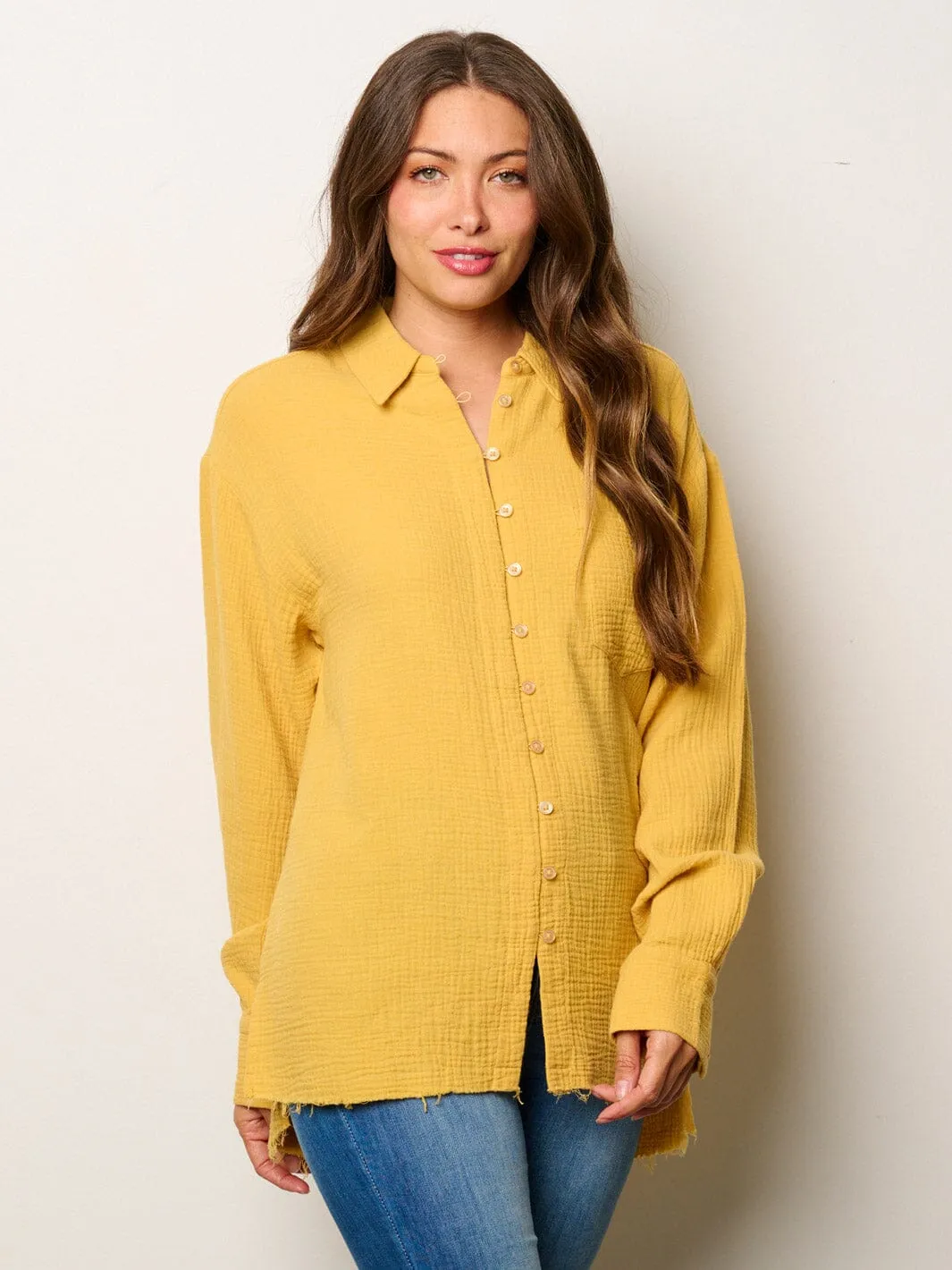 WOMEN'S LONG SLEEVE BUTTON UP FRONT POCKET BLOUSE TOP
