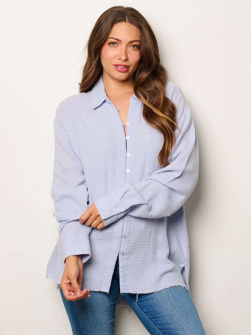WOMEN'S LONG SLEEVE BUTTON UP FRONT POCKET BLOUSE TOP
