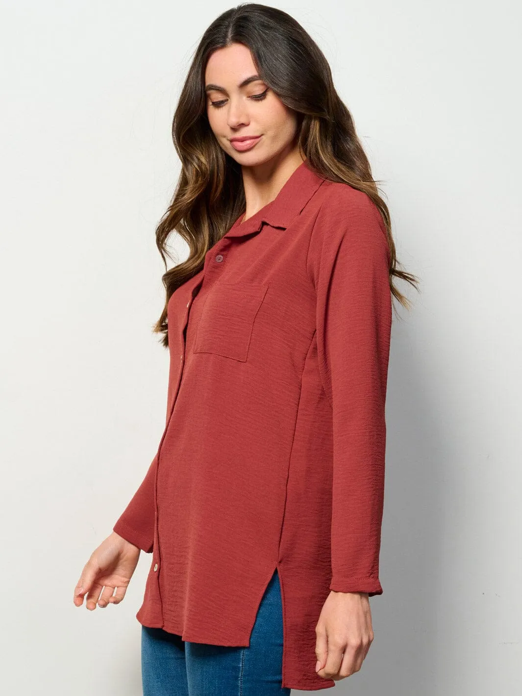 WOMEN'S LONG SLEEVE BUTTON UP FRONT POCKET BLOUSE TOP