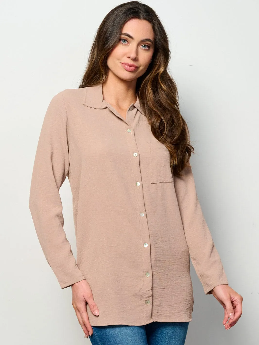 WOMEN'S LONG SLEEVE BUTTON UP FRONT POCKET BLOUSE TOP