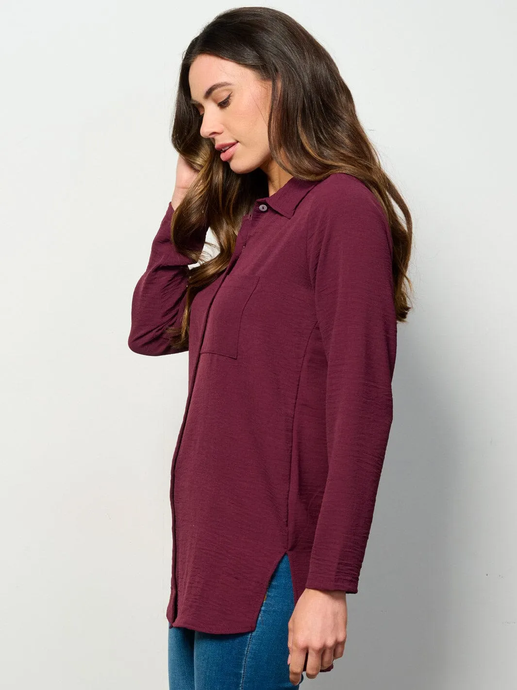 WOMEN'S LONG SLEEVE BUTTON UP FRONT POCKET BLOUSE TOP