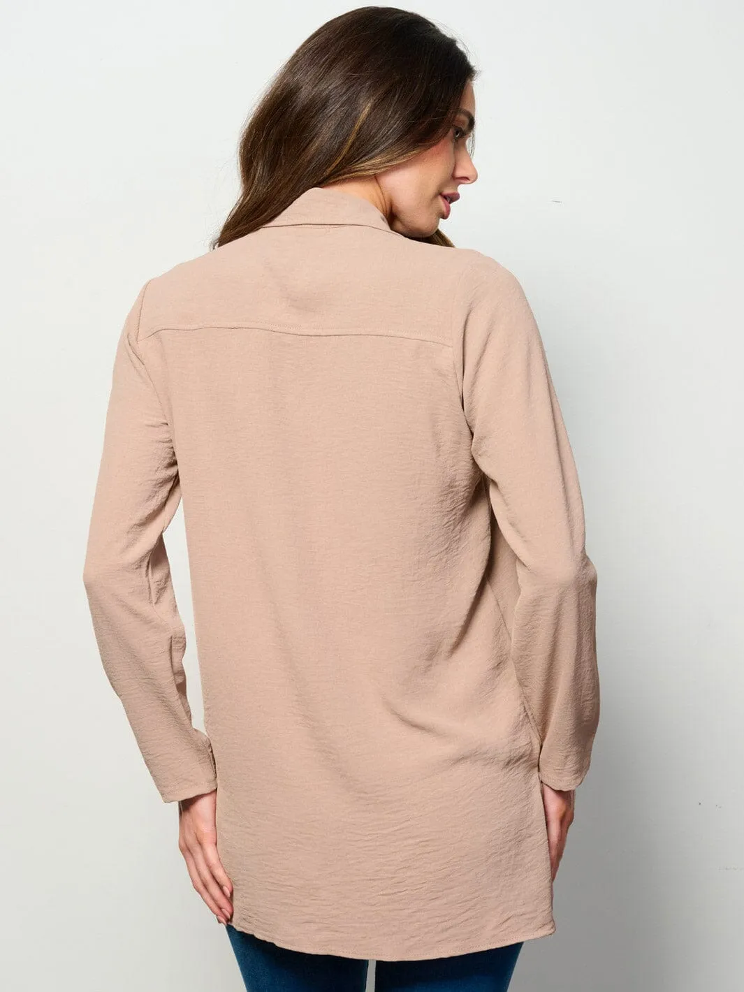 WOMEN'S LONG SLEEVE BUTTON UP FRONT POCKET BLOUSE TOP