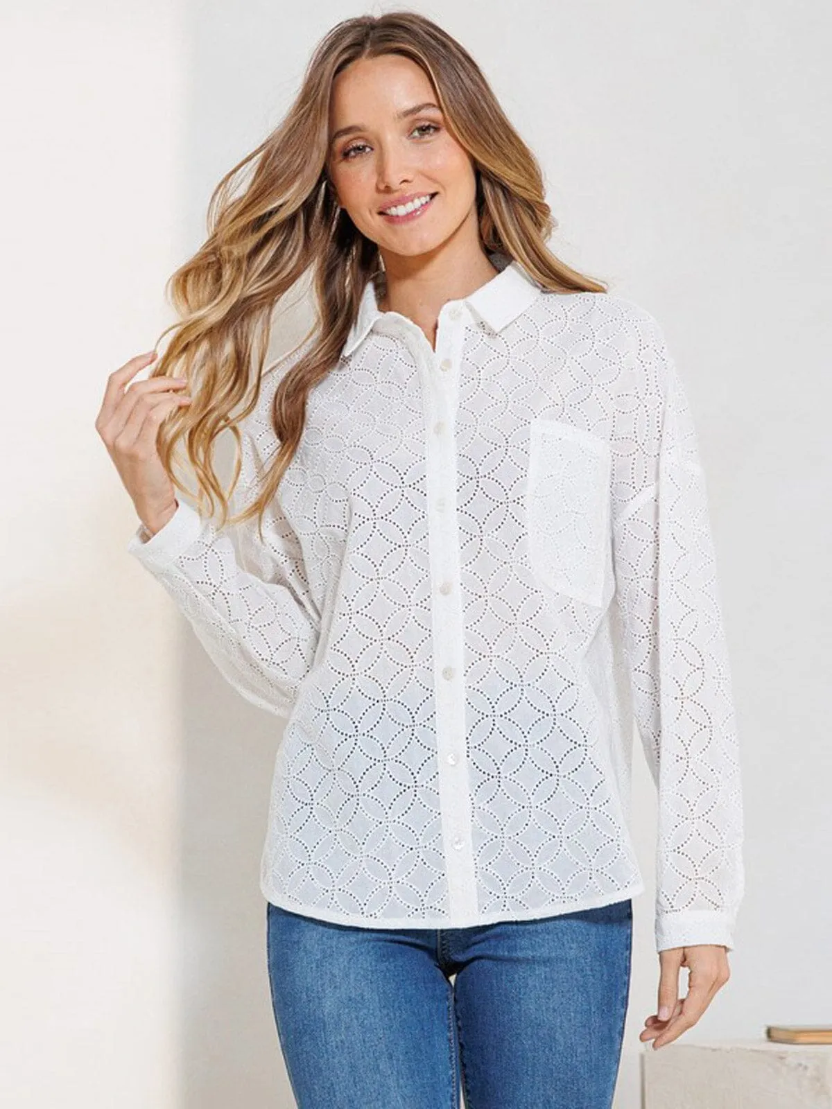 WOMEN'S LONG SLEEVE BUTTON UP FRONT POCKET EYELET BLOUSE TOP
