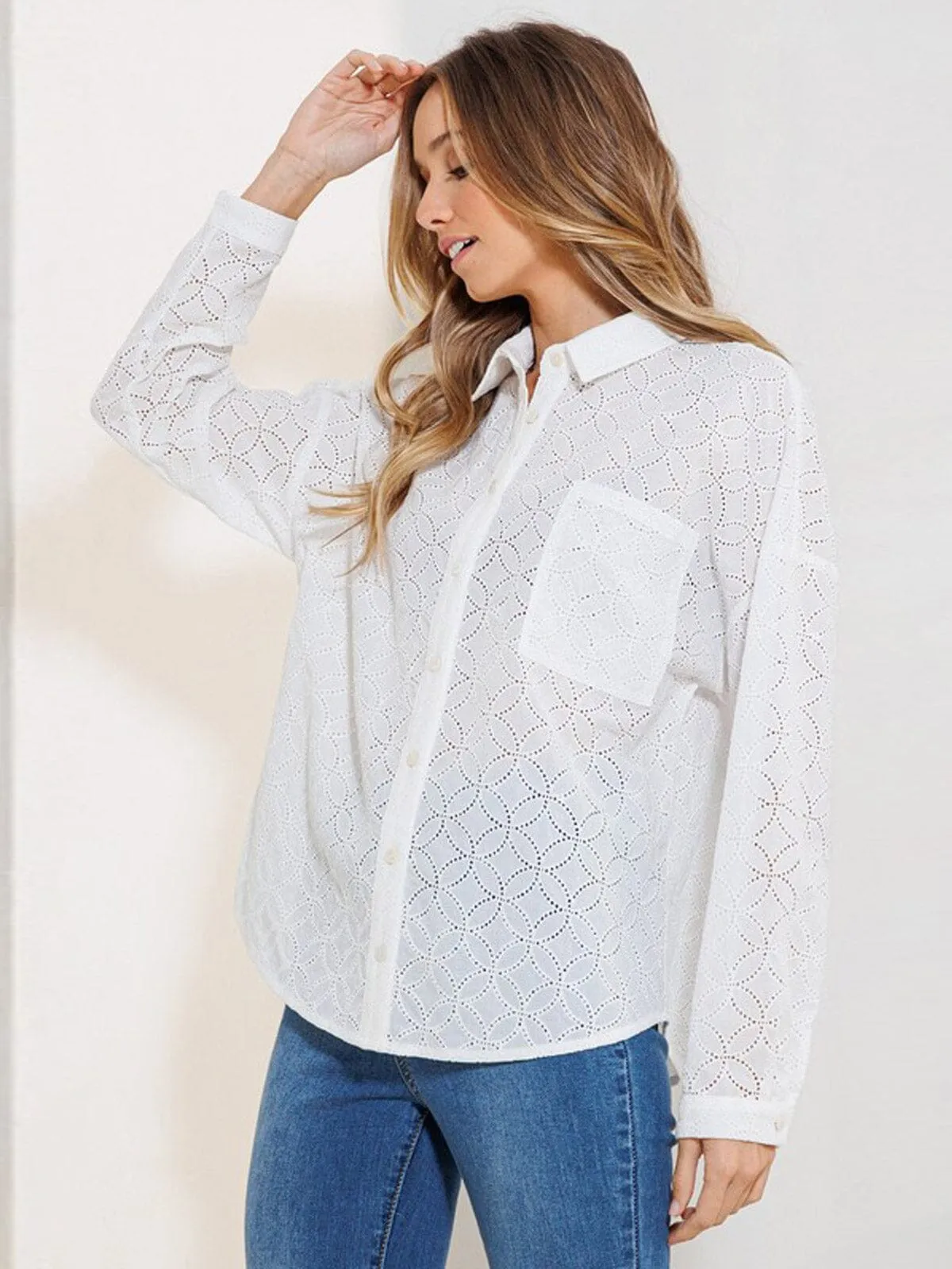 WOMEN'S LONG SLEEVE BUTTON UP FRONT POCKET EYELET BLOUSE TOP
