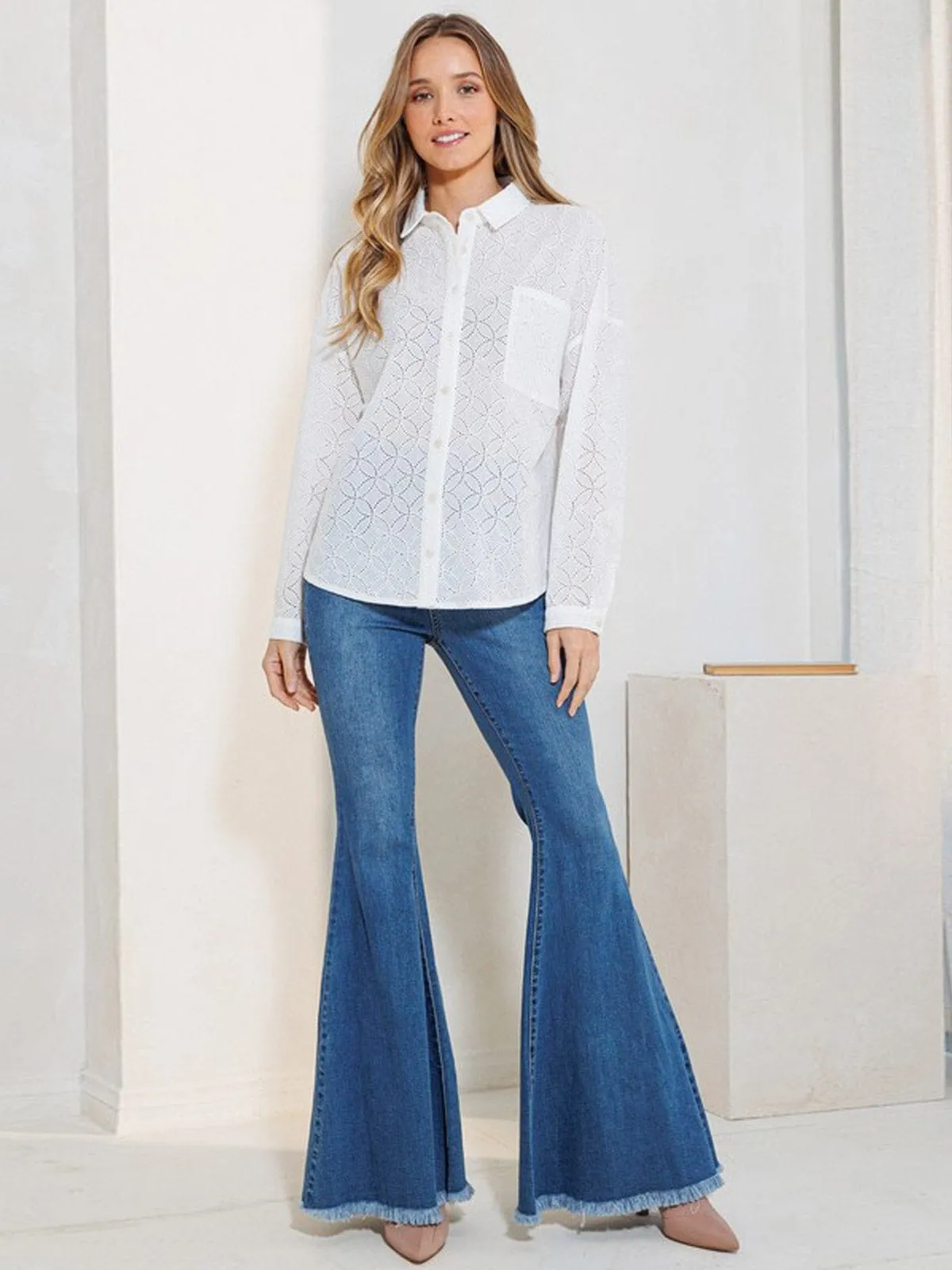 WOMEN'S LONG SLEEVE BUTTON UP FRONT POCKET EYELET BLOUSE TOP