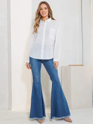 WOMEN'S LONG SLEEVE BUTTON UP FRONT POCKET EYELET BLOUSE TOP