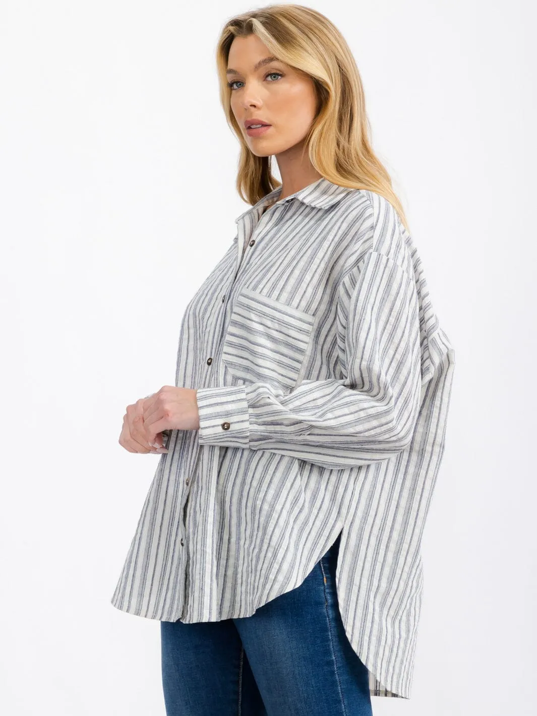 WOMEN'S LONG SLEEVE BUTTON UP FRONT POCKET STRIPES SHIRT TOP