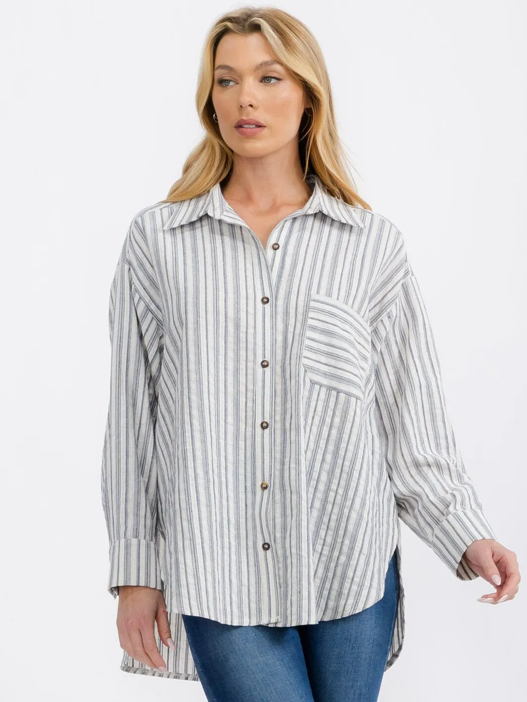 WOMEN'S LONG SLEEVE BUTTON UP FRONT POCKET STRIPES SHIRT TOP