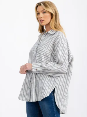 WOMEN'S LONG SLEEVE BUTTON UP FRONT POCKET STRIPES SHIRT TOP