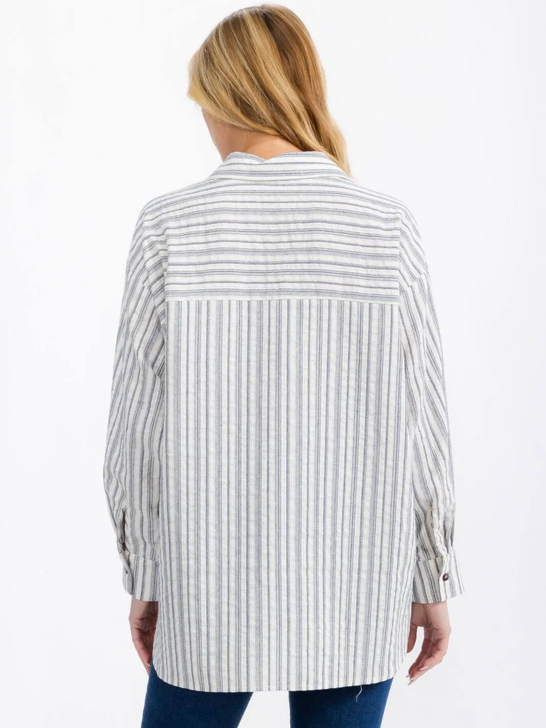 WOMEN'S LONG SLEEVE BUTTON UP FRONT POCKET STRIPES SHIRT TOP