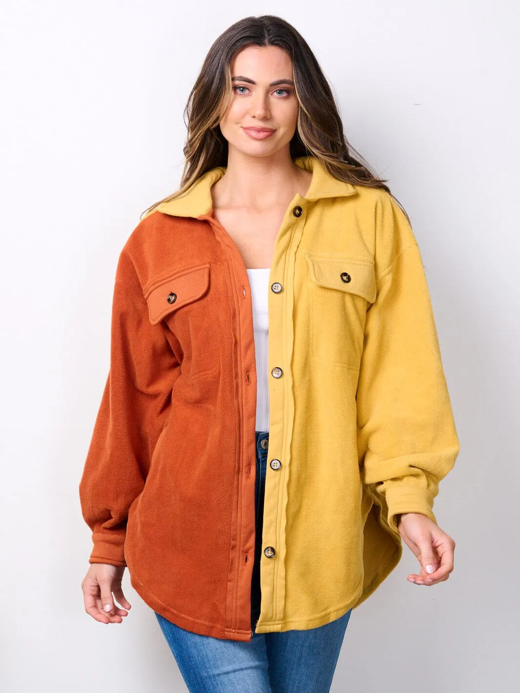 WOMEN'S LONG SLEEVE BUTTON UP OVERSIZED COLORBLOCK TOP