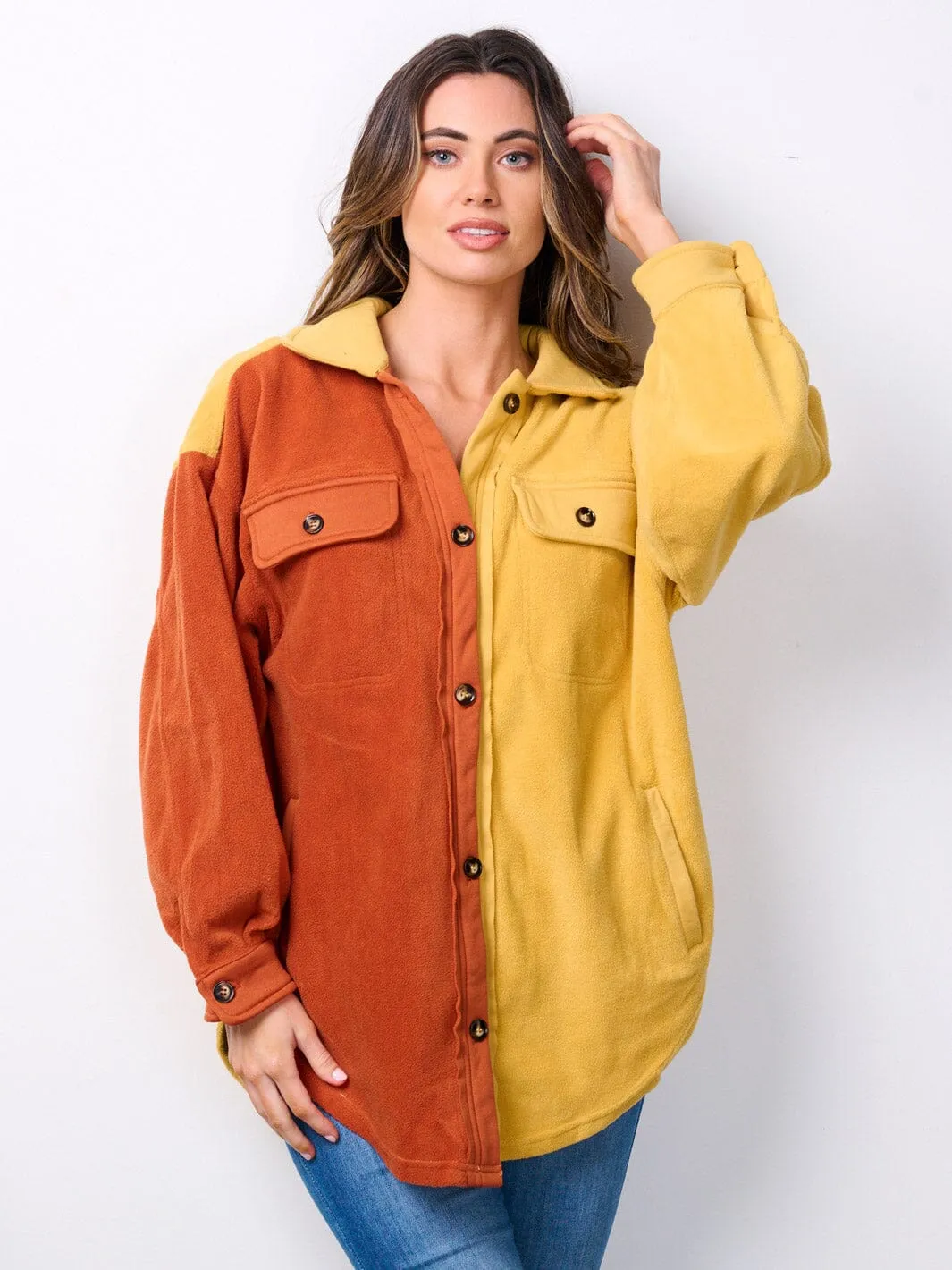 WOMEN'S LONG SLEEVE BUTTON UP OVERSIZED COLORBLOCK TOP