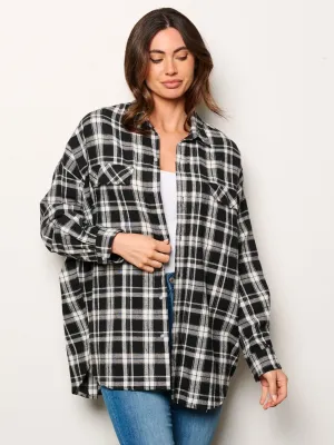 WOMEN'S LONG SLEEVE BUTTON UP OVERSIZED PLAID TOP