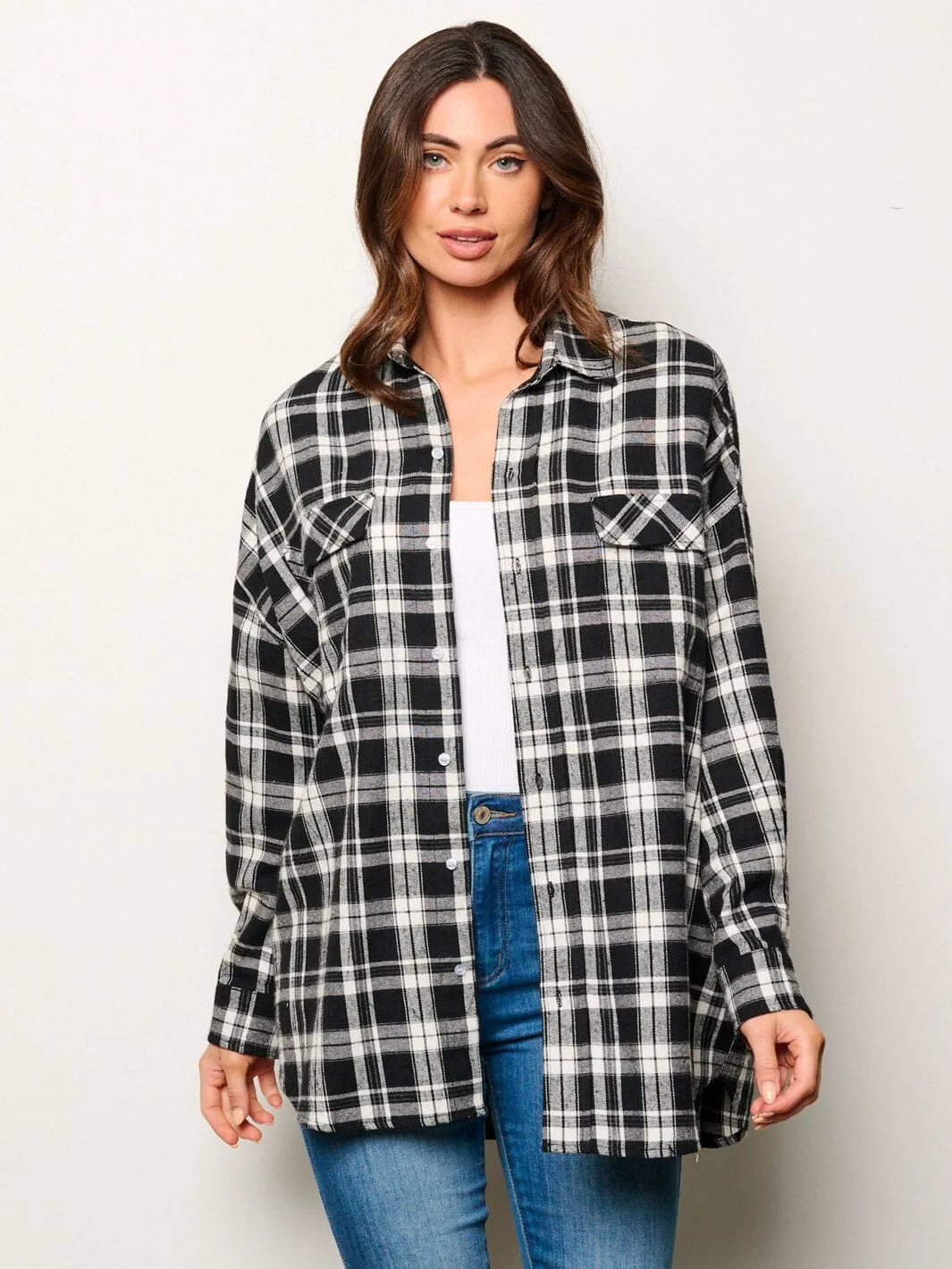 WOMEN'S LONG SLEEVE BUTTON UP OVERSIZED PLAID TOP
