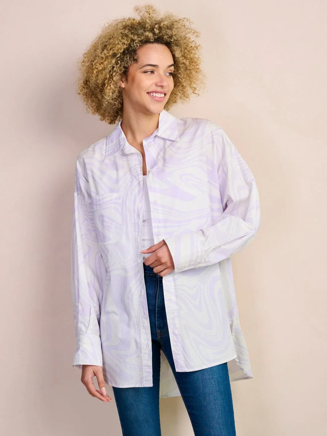 WOMEN'S LONG SLEEVE BUTTON UP OVERSIZED PRINT BLOUSE TOP