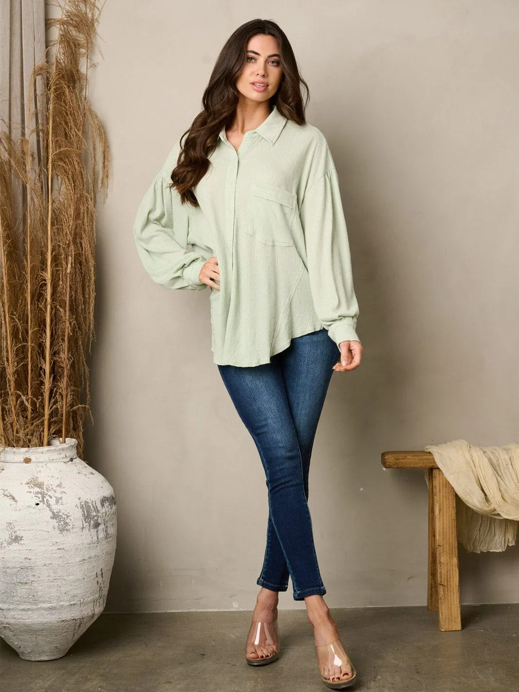 WOMEN'S LONG SLEEVE BUTTON UP OVERSIZED TOP