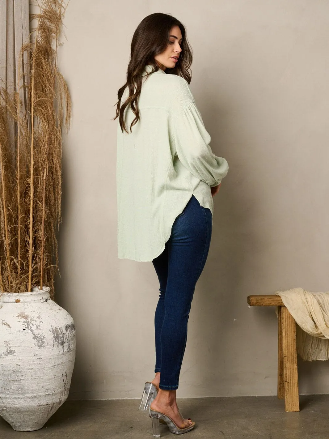 WOMEN'S LONG SLEEVE BUTTON UP OVERSIZED TOP