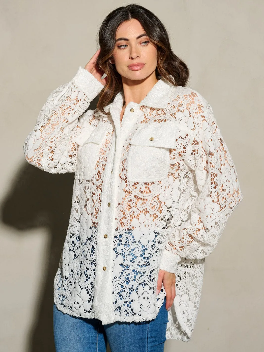 WOMEN'S LONG SLEEVE BUTTON UP POCKETS CROCHET BLOUSE TOP