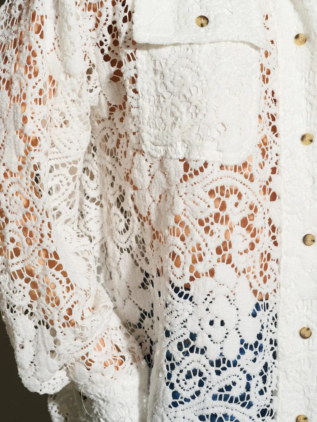WOMEN'S LONG SLEEVE BUTTON UP POCKETS CROCHET BLOUSE TOP