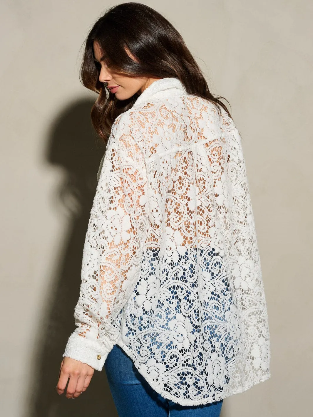 WOMEN'S LONG SLEEVE BUTTON UP POCKETS CROCHET BLOUSE TOP