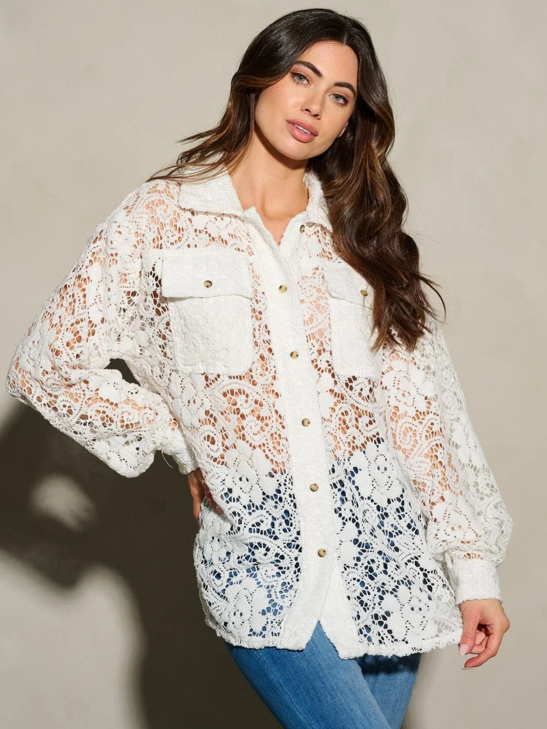 WOMEN'S LONG SLEEVE BUTTON UP POCKETS CROCHET BLOUSE TOP