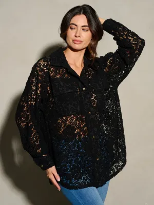 WOMEN'S LONG SLEEVE BUTTON UP POCKETS CROCHET BLOUSE TOP