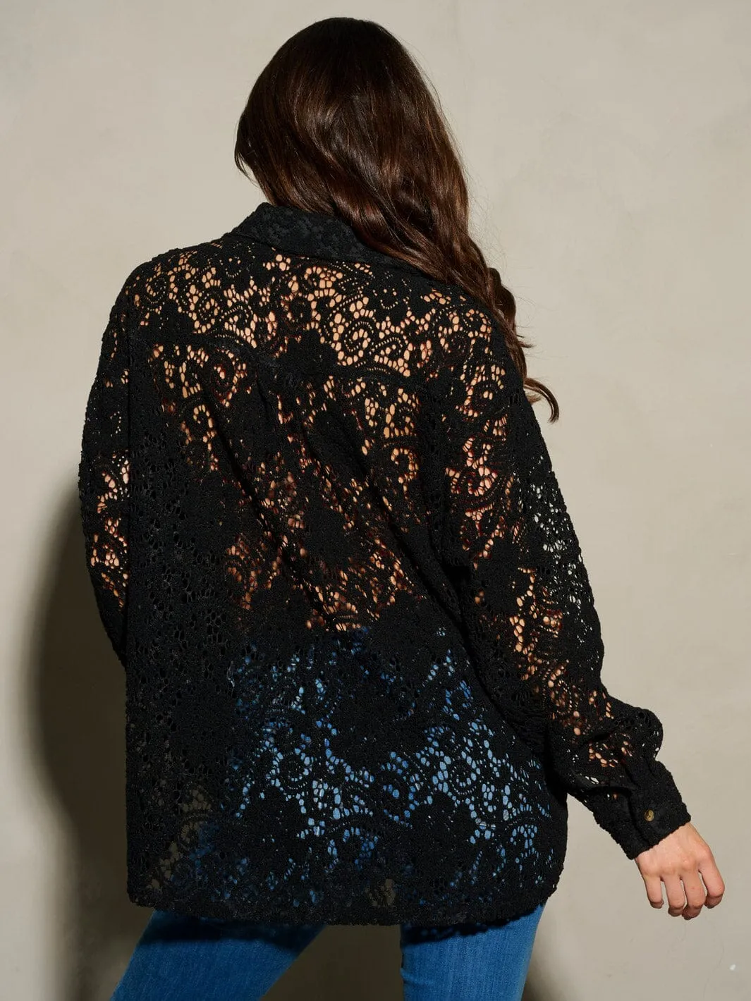 WOMEN'S LONG SLEEVE BUTTON UP POCKETS CROCHET BLOUSE TOP