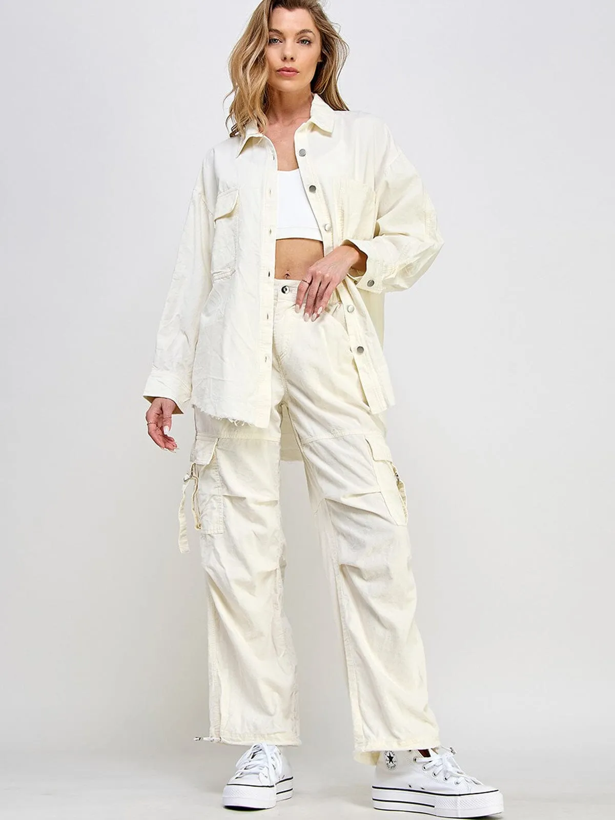 WOMEN'S LONG SLEEVE BUTTON UP POCKETS OVERSIZED TOP