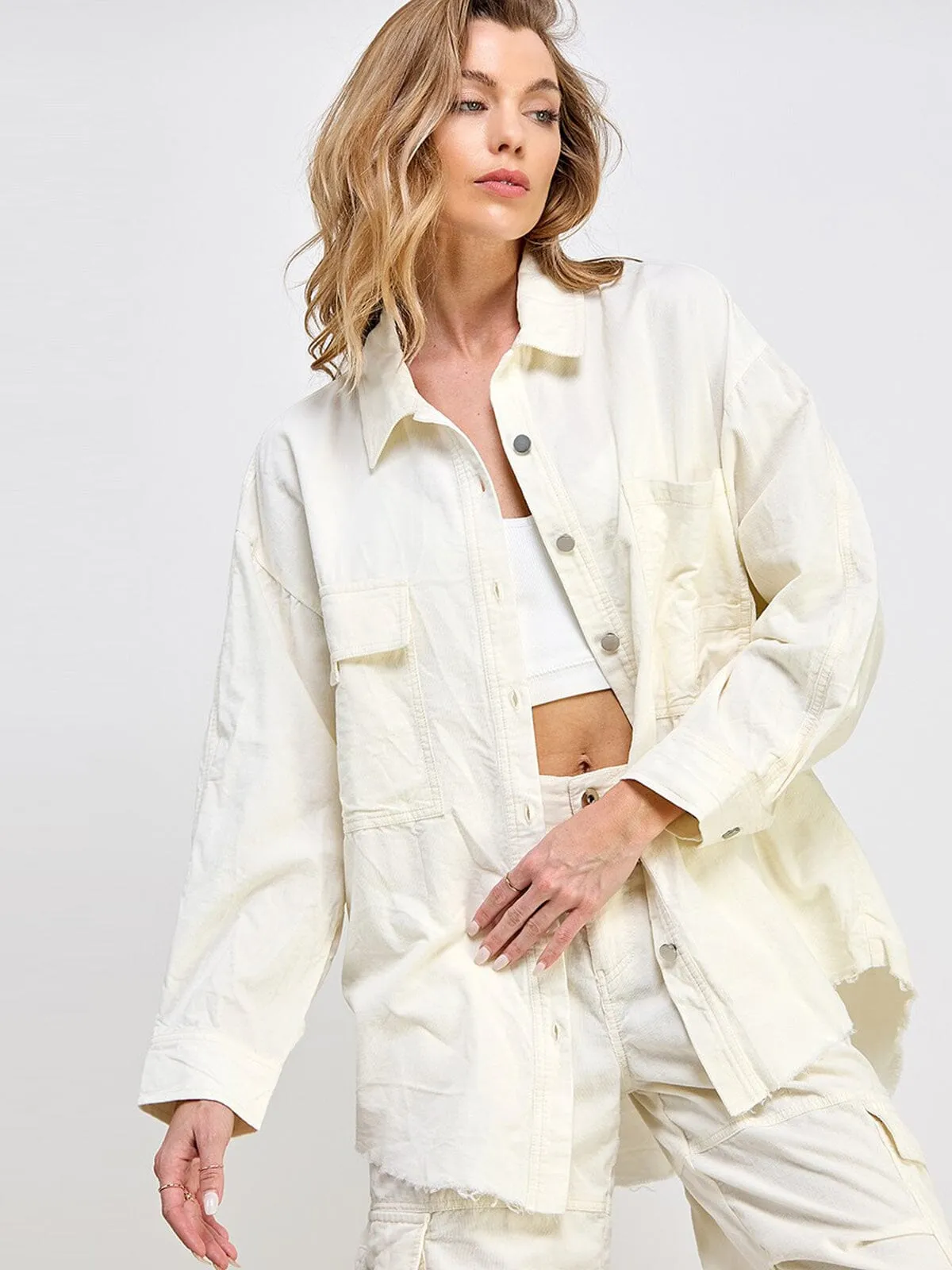 WOMEN'S LONG SLEEVE BUTTON UP POCKETS OVERSIZED TOP
