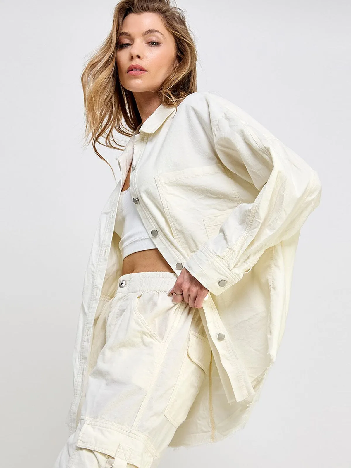 WOMEN'S LONG SLEEVE BUTTON UP POCKETS OVERSIZED TOP