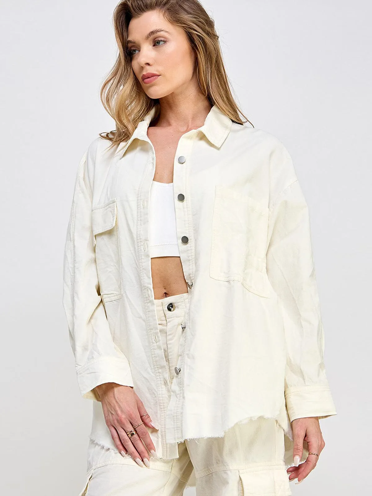 WOMEN'S LONG SLEEVE BUTTON UP POCKETS OVERSIZED TOP