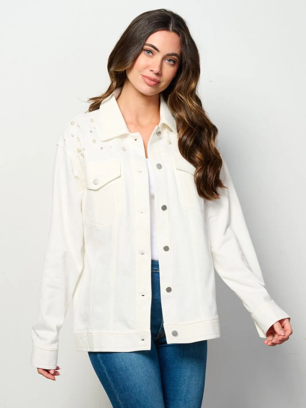 WOMEN'S LONG SLEEVE BUTTON UP POCKETS STUDS DETAILED TOP