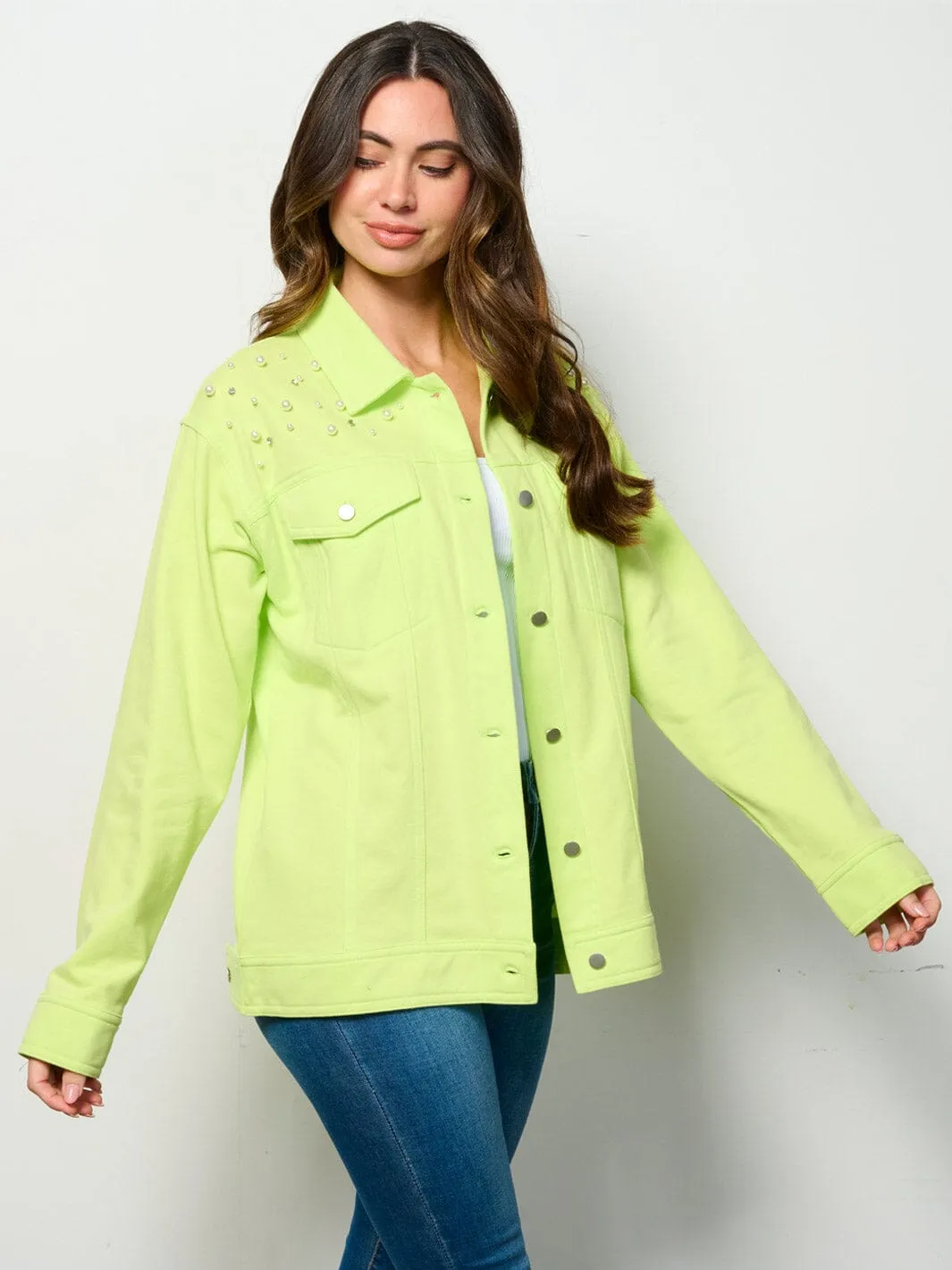 WOMEN'S LONG SLEEVE BUTTON UP POCKETS STUDS DETAILED TOP