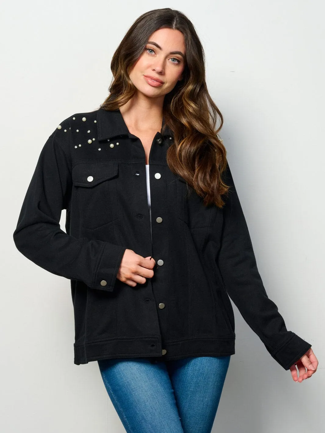 WOMEN'S LONG SLEEVE BUTTON UP POCKETS STUDS DETAILED TOP