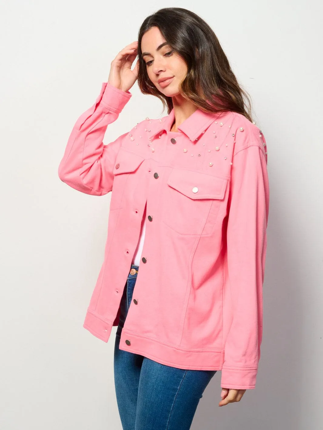 WOMEN'S LONG SLEEVE BUTTON UP POCKETS STUDS DETAILED TOP
