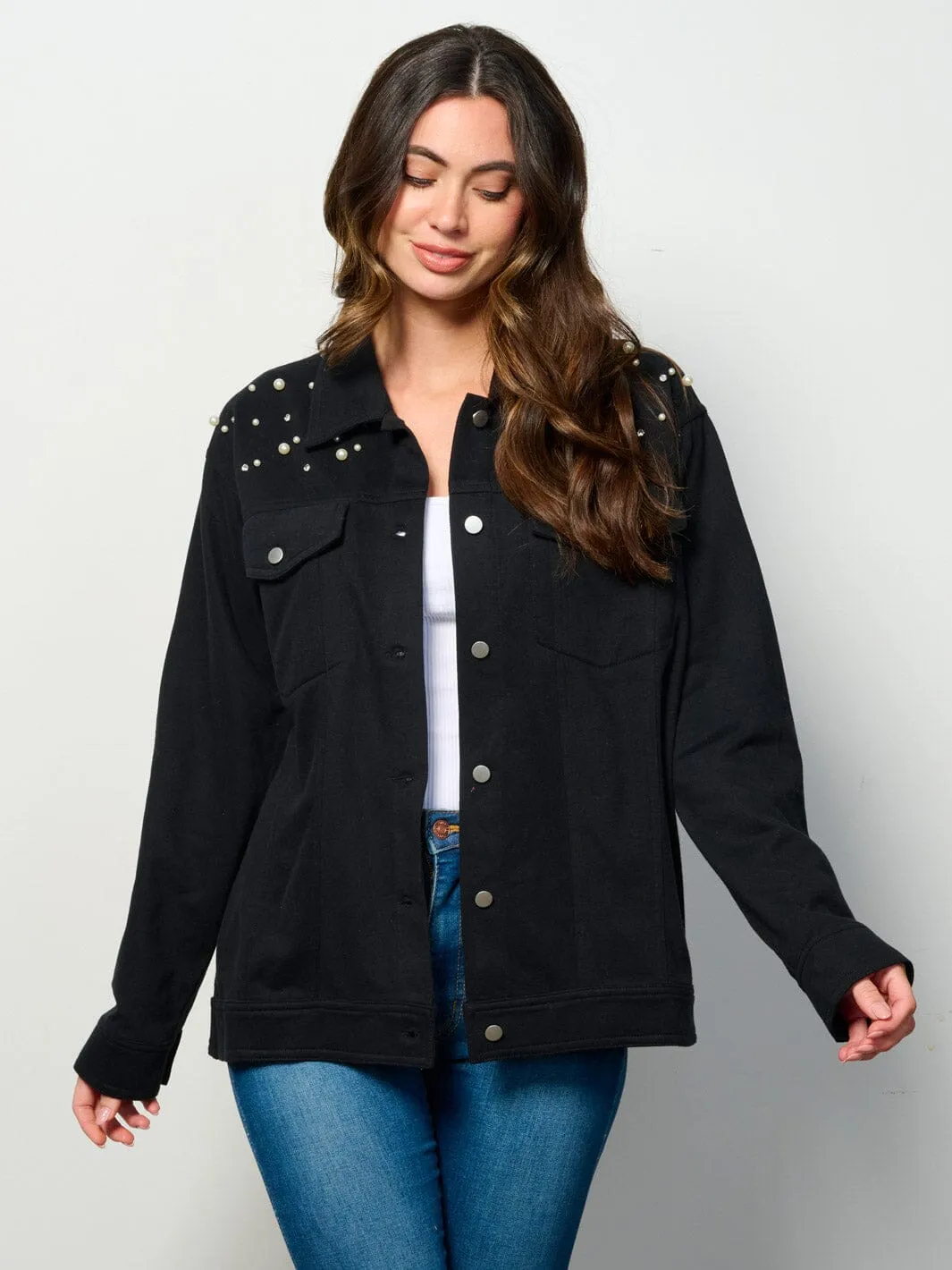 WOMEN'S LONG SLEEVE BUTTON UP POCKETS STUDS DETAILED TOP